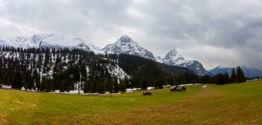 Avusturya, Carinthia 'daki Sinacher Gupf' tan Karawanks 'ın karla kaplı zirvelerinin manzarası. Hochstuhl Dağı (Stol), ilkbaharın başlarında sık ormanlardan görülebilir. Güneşli bir günde Rosental. Özgürlük