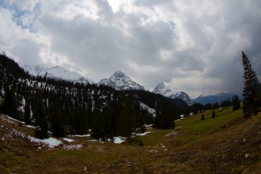 Avusturya, Carinthia 'daki Sinacher Gupf' tan Karawanks 'ın karla kaplı zirvelerinin manzarası. Hochstuhl Dağı (Stol), ilkbaharın başlarında sık ormanlardan görülebilir. Güneşli bir günde Rosental. Özgürlük