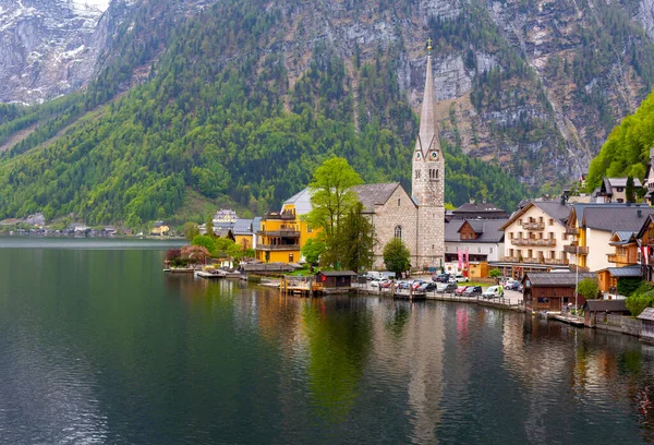 Vista Panorâmica Cartão Postal Famosa Aldeia Montanhosa Hallstatt Nos Alpes — Fotografia de Stock