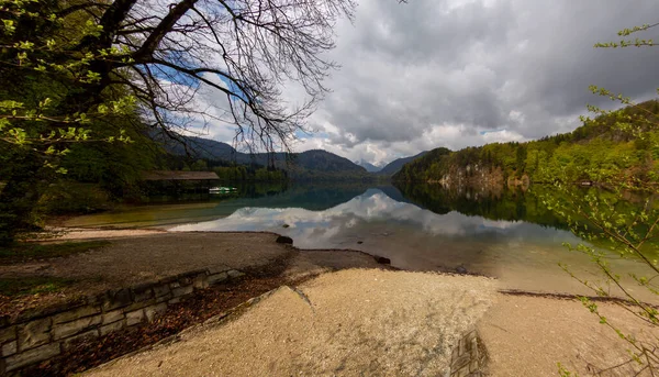 Una Hermosa Vista Panorámica Del Popular Lago Alpsee Rodeado Paisaje —  Fotos de Stock