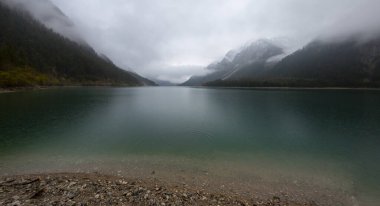Top 'tan Avusturya Plansee Gölü' ne, turkuaz sularına ve derin yeşil ormanlara doğal bir tatil noktası olarak bakın.