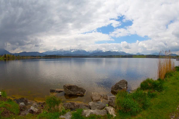 Uitzicht Hopfensee Met Het Tannheim Gebergte Achtergrond Allgu Schwaben Beieren — Stockfoto