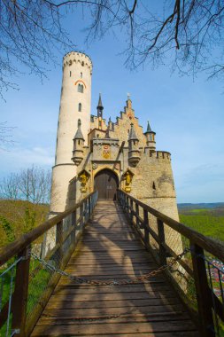 Lichtenstein Kalesi yazın dağın zirvesinde, Almanya, Avrupa. Bu ünlü kale Schwarzwald, Baden-Wurttemberg 'in simgesidir. Peri masalı Lichtenstein Kalesi ve şehir manzarası.