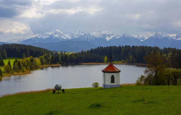 Chapel Hegratsrieder See Lake Autumn Morning Ostallgu Bavaria Germany – stockfoto