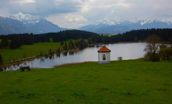Cappella Hegratsrieder Vedere Lago Una Mattina Autunno Ostallgu Baviera Germania — Foto Stock