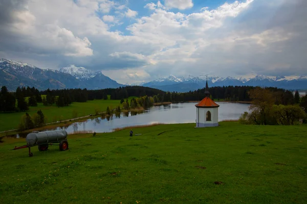 Chapel Hegratsrieder See Lake Autumn Morning Ostallgu Bavaria Germany — Foto de Stock