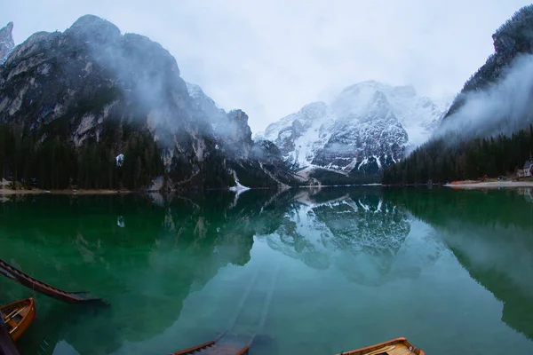 Braies Lake Dolomites Mountains Seekofel Background Sudtirol Italy Lake Braies — Stock Photo, Image