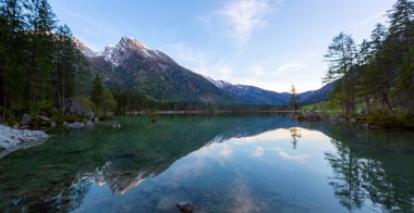 Hintersee Gölü 'nün turkuaz suyunun yakınındaki ağaçların güzel manzarası. Konum: tatil köyü Ramsau, Ulusal Park Berchtesgadener Toprakları, Yukarı Bavyera, Almanya Alpleri, Avrupa