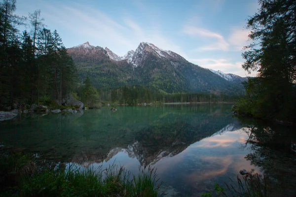 Bela Cena Árvores Perto Água Azul Turquesa Lago Hintersee Localização — Fotografia de Stock