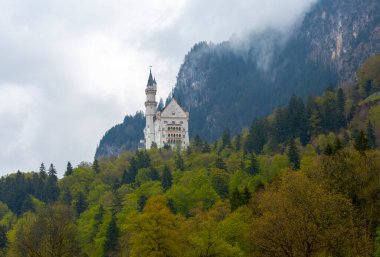 Dünyaca ünlü Neuschwanstein Kalesi 'nin güzel manzarası, 19. yüzyıl Romanesk Diriliş Sarayı Kral II. Ludwig için Almanya' nın güneybatı Bavyera, Fussen yakınlarındaki engebeli bir uçuruma inşa edildi.