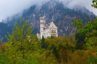 Dünyaca ünlü Neuschwanstein Kalesi 'nin güzel manzarası, 19. yüzyıl Romanesk Diriliş Sarayı Kral II. Ludwig için Almanya' nın güneybatı Bavyera, Fussen yakınlarındaki engebeli bir uçuruma inşa edildi.
