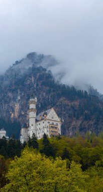 Dünyaca ünlü Neuschwanstein Kalesi 'nin güzel manzarası, 19. yüzyıl Romanesk Diriliş Sarayı Kral II. Ludwig için Almanya' nın güneybatı Bavyera, Fussen yakınlarındaki engebeli bir uçuruma inşa edildi.