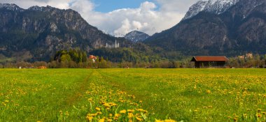 Dünyaca ünlü Neuschwanstein Kalesi 'nin güzel manzarası, 19. yüzyıl Romanesk Diriliş Sarayı Kral II. Ludwig için Almanya' nın güneybatı Bavyera, Fussen yakınlarındaki engebeli bir uçuruma inşa edildi.