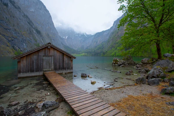 Gyönyörű Kilátás Nyílik Hagyományos Fából Készült Csónakház Partján Híres Obersee — Stock Fotó