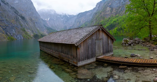 Gyönyörű Kilátás Nyílik Hagyományos Fából Készült Csónakház Partján Híres Obersee — Stock Fotó