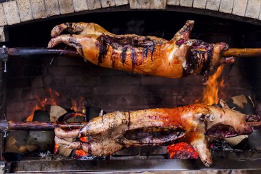 şöminede şiş üzerine kavrulmuş domuz lezzetli pişmiş