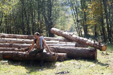 Gri sakallı ve çıplak gövdeli bir adam güneşli bir günde sonbahar ormanında kütüklerin üzerinde oturuyor..