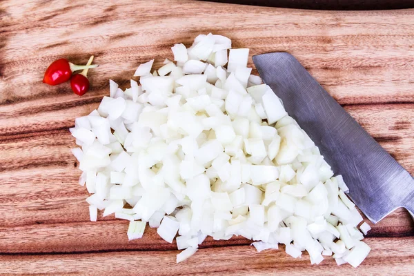 Diced White Onion with Chillis and Knife — Stock Photo, Image