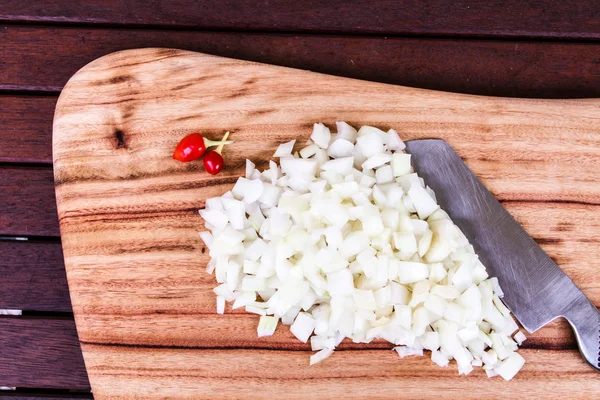 Chopped White Onion with Chillis and Knife — Stock Photo, Image