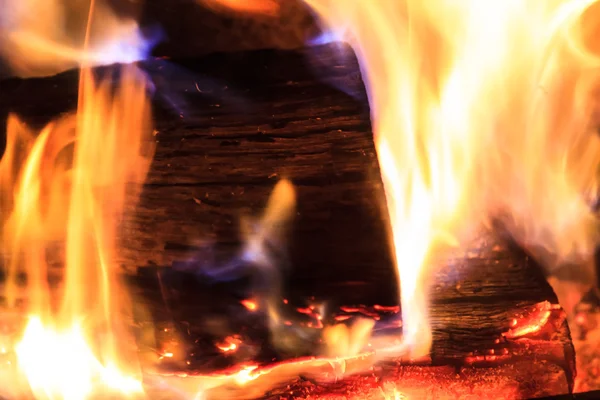 Burning Log with Orange and Blue Flames — Stock Photo, Image