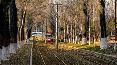 Chuncheng Caddesi, Changchun, Çin 'de düşen tramvay manzarası.