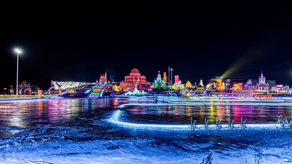 2021 2022 Chiny Changchun Ice Snow Scena Nocna Xintiandi — Zdjęcie stockowe