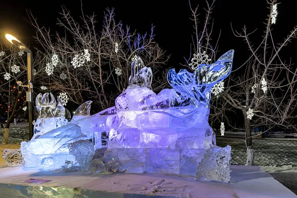 Vista Nocturna Del Parque Hielo Nieve Changchun World Sculpture Park — Foto de Stock