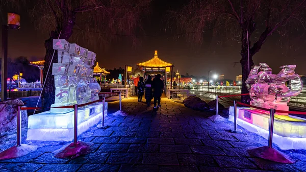 Vista Noturna Exposição Gelo Luz Neve Parque Nanhu Changchun China — Fotografia de Stock