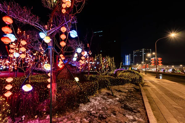 Widok Nocny Miasta Changchun Chinach Podczas Festiwalu — Zdjęcie stockowe