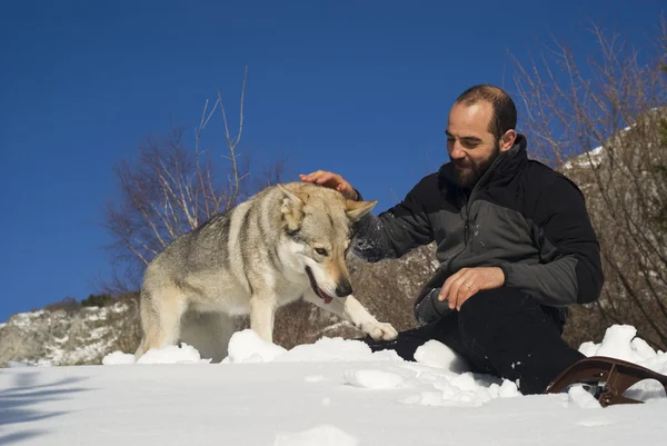 冬の森で犬と一緒に男 — ストック写真