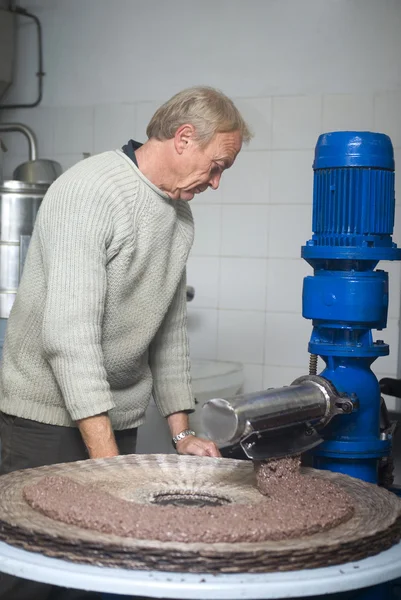 La producción de aceite de oliva del trabajador de fábrica — Foto de Stock