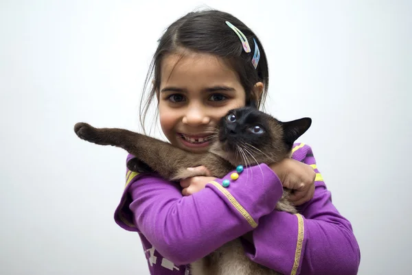 Маленькая девочка с сиамской кошкой — стоковое фото