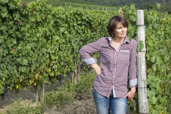 Frau steht in Rebenreihen — Stockfoto