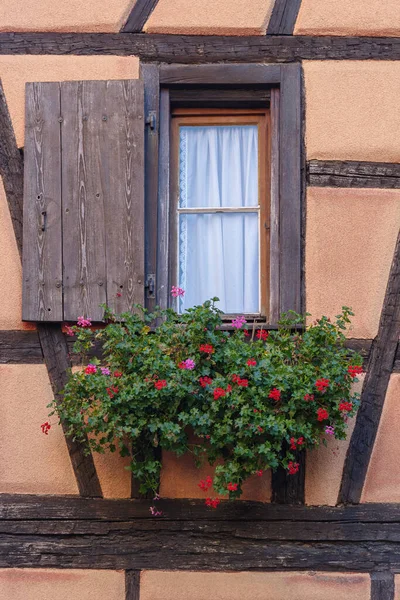 Ventana Con Geranios Casa Entramado Madera Pueblo Riquewihr Alsacia Francia — Foto de Stock