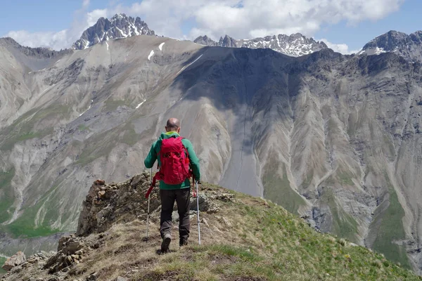 Mountain Hiker Standing Peak Cottian Alps Italy — стоковое фото