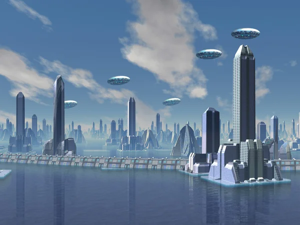 Ufo über futuristischer Alienstadt lizenzfreie Stockbilder