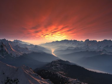 Snow-covered Mountain Valley Sunset