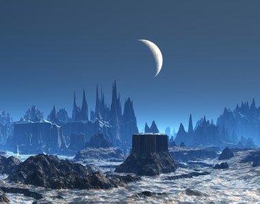 New moon mavi yabancı gezegenin peyzaj içinde
