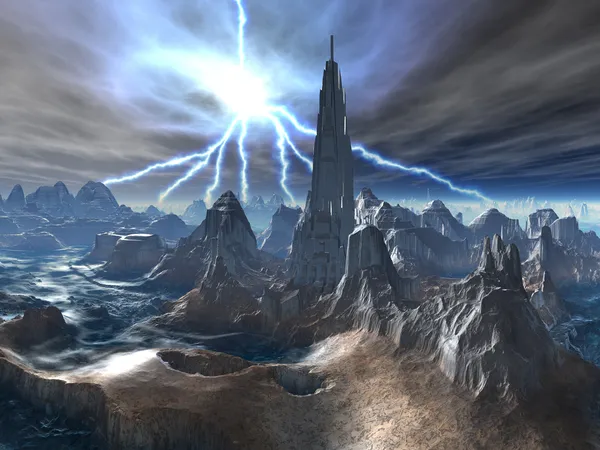 Övergivna utomjordiska fästningen i storm — Stockfoto