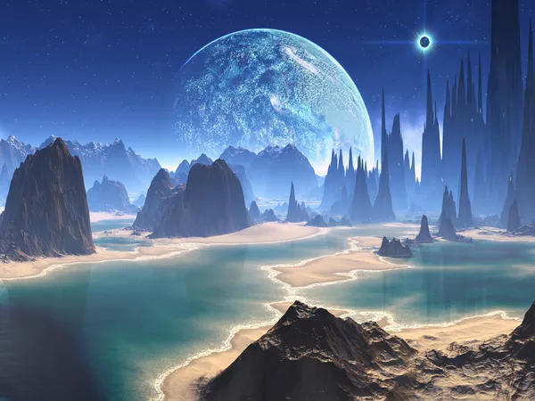 Planet Rise over Alien Beach World — Stock Photo, Image