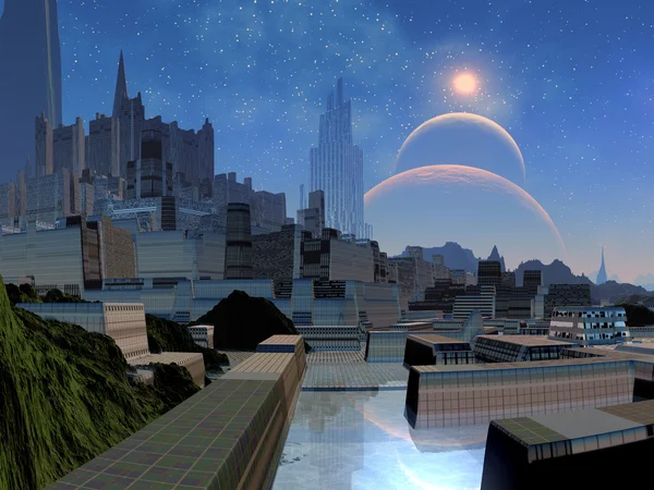 Cidade futurista no mundo alienígena — Fotografia de Stock