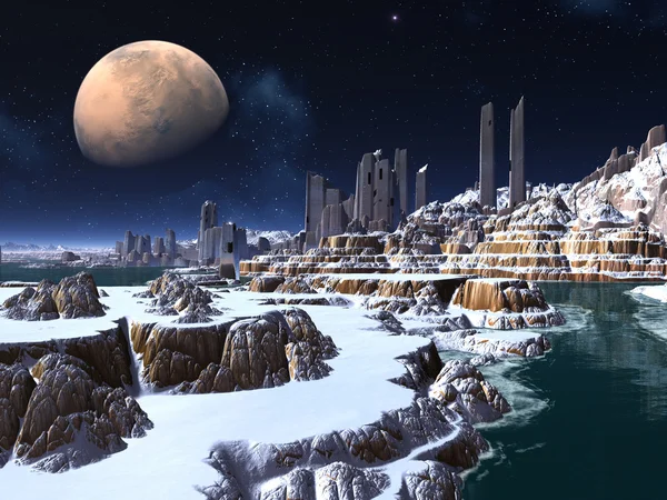 Alien Ghost City by Moonlight in Winter — Stock Photo, Image