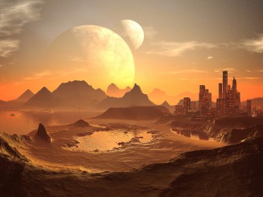 Twin Moons over Desert City with Pyramids clipart