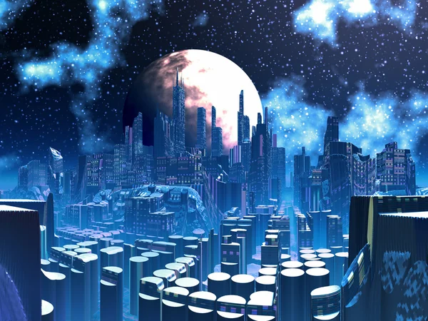 Futurista ciudad alienígena construida sobre pilones de apoyo — Foto de Stock