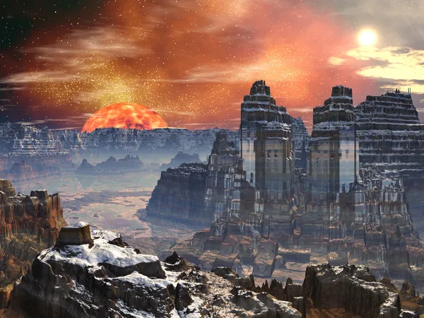 Two Temples in Valley on Alien World — Stock Photo, Image