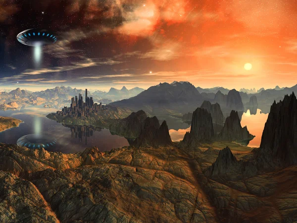 Flying Saucer Ship over Alien Landscape — Stock Photo, Image