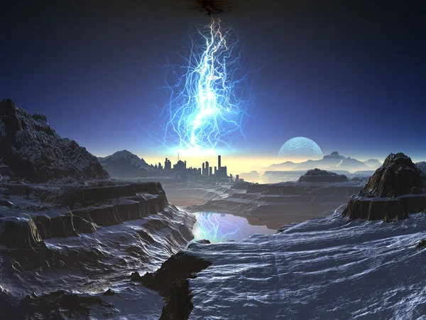 Lightning Storm over Ancient Alien City Landscape — Stock Photo, Image