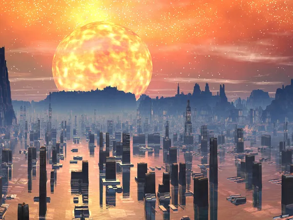 赤色巨星の太陽にあふれた未来都市 — ストック写真