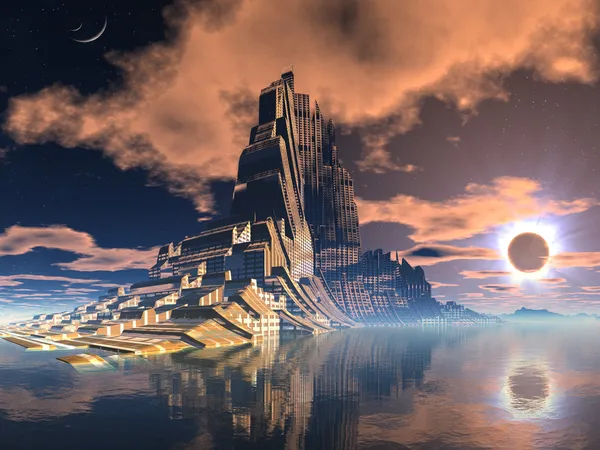 Futuristische außerirdische Stadt bei Mondfinsternis — Stockfoto