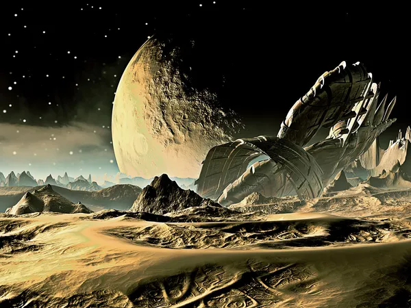 Abgestürztes Raumschiff auf außerirdischer Welt lizenzfreie Stockbilder